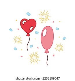 Balloons in cartoon style. Balloons, confetti, fireworks for birthday, wedding, Valentine's Day and party. Flying balloons with a rope. Doodle balloons Vector illustration.