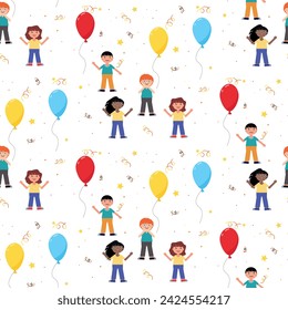Balloons and children. Seamless pattern with happy characters.