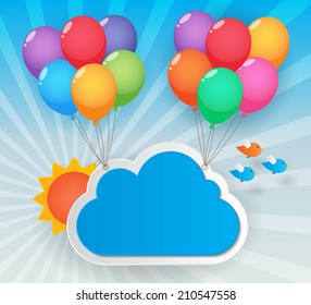 balloons, cloud and birds on sunny sky background. vector.