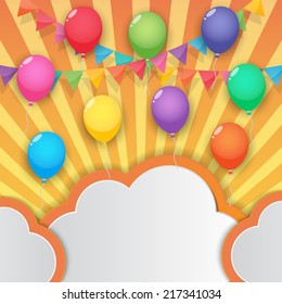 balloons cloud bunting and garland decoration on summer with rainbow sky background.