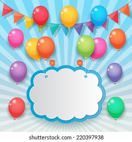 balloons cloud bunting and garland decoration on sunny sky background. vector