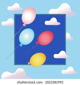 Balloons and clouds against the sky and blue square.  The concept of clear skies, clean air. The theme of the holiday. 