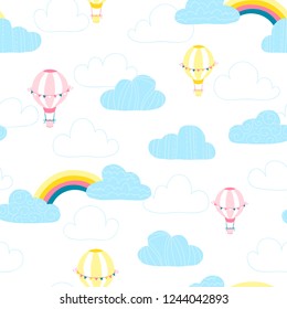 Balloons in the clouds. Baby vector seamless pattern in simple hand-drawing style. Good for textiles, fabrics, bedding, wrapping paper, scrapbooking, etc.