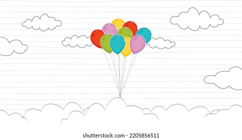 balloons clouds on line paper background. Vector illustration