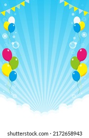 Globos, nubes y fondo radial.