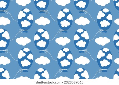 BALLOONS, CLOUDS, SKY. Summer. Celebration. Blue light colors. Trendy, stylish, fashionable, seamless vector pattern for design and decoration.