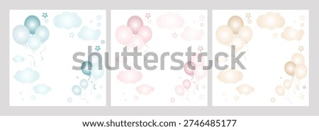 Balloons with clouds and stars in blue, pink and beige or neutral colors. Baby illustration in pastel pink, blue end beige colors. Cute drawing template for newborn shower, kid birthday, gender party.
