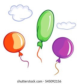 Balloons and clouds. Three festive balloons flying in the sky. Colorful design elements on a white background
