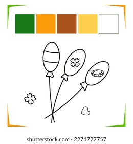 Balloons, coin, clover Coloring Page. Vector Educational worksheet colored by sample. Paint game. Elements for coloring book, page, printing, design illustrations in the style of outline for kids