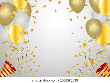 Balloons collection. Holiday illustration abstract background with many falling gold tiny confetti pieces. vector background