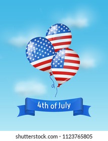 Balloons colored as flag USA with 4th July banner in the sky. Vector background for Independence day USA