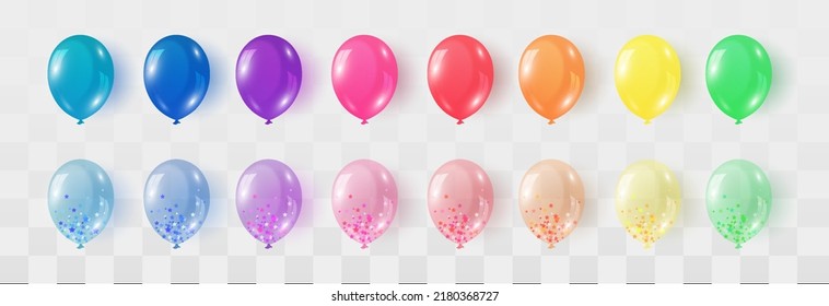 Balloons colored set isolated on png background. Festive 3d helium balloons, vector template for anniversary, birthday party design. Birthday baloon flying for party. Vector celebration banner.