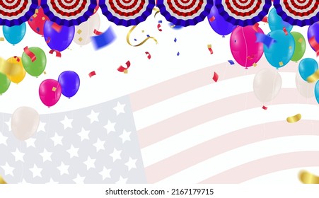 balloons in colors of American flag with Background for 4th of July Independence day or national holidays of America. Copy space, vector.