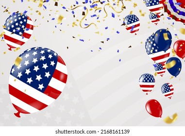 balloons in colors of American flag with Background for 4th of July Independence day or national holidays of America. Copy space, vector.