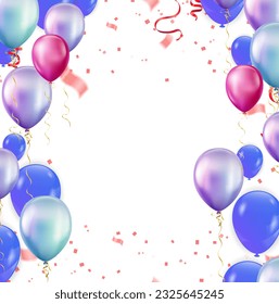 balloons with confetti in background vector. realistic vector illustration for anniversary, birthday, sale and promotion, party design element. dark blue