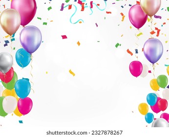 balloons with confetti in background vector. realistic vector illustration for anniversary, birthday, sale and promotion, party design element. variety of colors