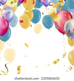 globos con confeti en vector de fondo. ilustración vectorial realista para aniversario, cumpleaños, venta y promoción, elemento de diseño de fiesta.variedad de colores