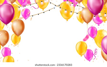 globos con confeti en vector de fondo. ilustración vectorial realista para aniversario, cumpleaños, venta y promoción, elemento de diseño de fiesta. amarillo, rosa