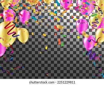 Balloons, confetti, banners and a sign for text Holiday background with Colorful balloons and confetti