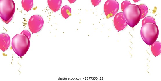 Balloons, confetti, banners and a sign for text Holiday background with Colorful balloons and confetti