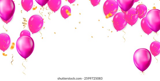 Balloons, confetti, banners and a sign for text Holiday background with Colorful balloons and confetti