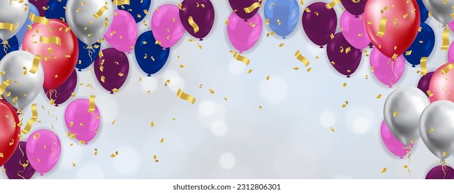 balloons, confetti and bokeh lights background for elegant birthday celebration. Vector illustration.