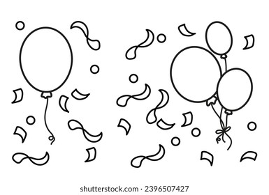 Balloons and confetti. Coloring book for children. Black and white vector illustration.