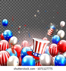 Balloons and confetti in the colors of the American flag. Transparent background.