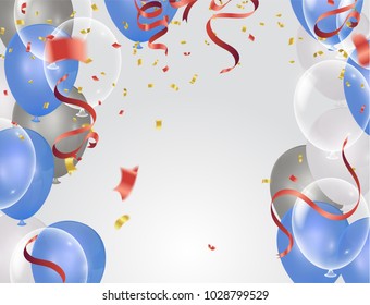 balloons, confetti concept design background. Celebration happy birthday Vector illustration. Transparent colorful balloons in air 