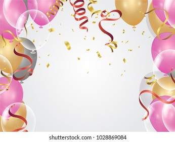 balloons, confetti concept design background. Celebration happy birthday Vector illustration. Transparent colorful balloons in air 