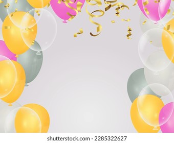 balloons, confetti concept design background. Celebration happy birthday Vector illustration. Transparent colorful balloons in air 
