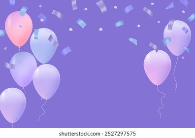 Ballons mit Konfetti fliegen hoch. Komposition für Kartendesign, festliche Konfetti um Ballons verstreut. Dekoration für ein großes Ereignis, Geburtstag, Jubiläum, Karneval. 3D-Vektorbanner.