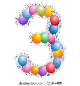 Balloons and confetti - Number 3 - part of a full set vector