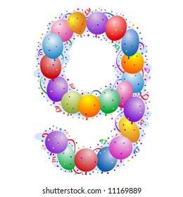 Balloons and confetti - Number 9 - part of a full set of number