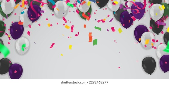 globos y confeti sobre fondo blanco con espacio de copia.