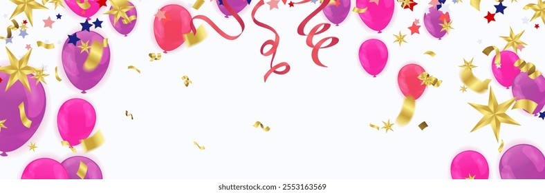 Balloons and confetti on white background. Vector Illustration.