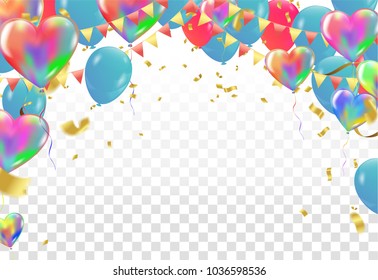 balloons and confetti party vector Illustration of a Party Background with Confetti, Curly Ribbons and colorful Heart Balloons 
