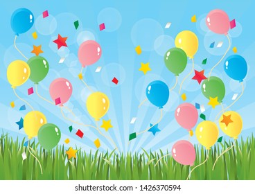 Balloons and confetti pop out on the grass against the blue sky