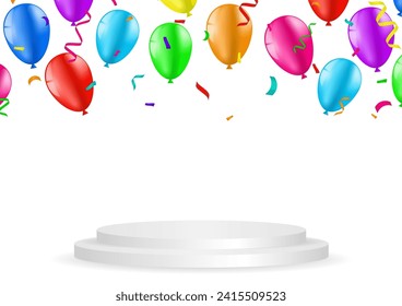 Balloons and Confetti with Stage Podium. Background for Party, Birthday, Celebration or Anniversary. Vector Illustration.