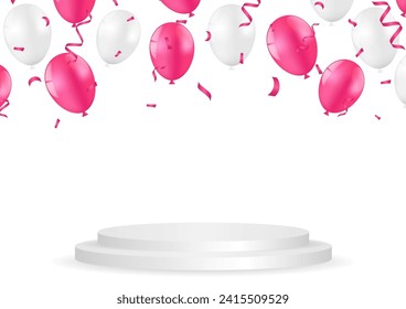 Balloons and Confetti with Stage Podium. Background for Party, Birthday, Celebration or Anniversary. Vector Illustration.