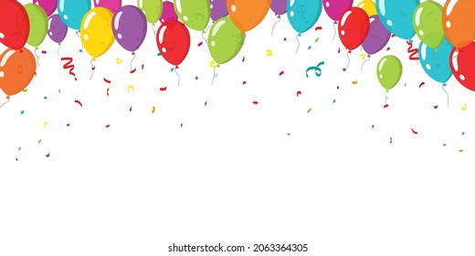 Balloons And Confetti Streamer Celebration Of Birthday Party Banner Background Frame Template For Copy Space Text Vector Or Festive Colorful Fun Baloons For Anniversary Event Decoration On White Flat