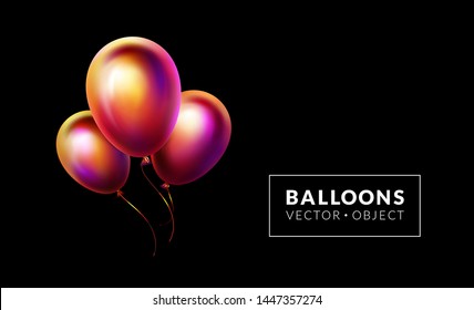 Balloons in dark background. Vector object isolated. Realistic party or holiday decoration. Horizontal banner, wallpaper, poster design. Birthday, anniversary, event illustration. Bunch of balloons.