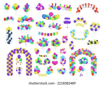 Balloons as decoration for party vector illustrations set. Inflatable spheres, balloon arches, garlands for wedding, festival or carnival isolated on white background. Decoration, celebration concept