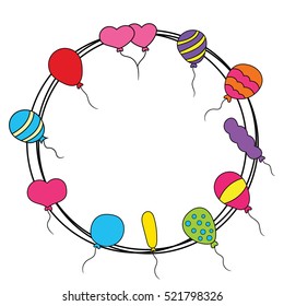 Balloons design set. Cartoon frame border hand draw doodle vector illustration.