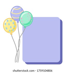 Diseño de globos, cuadro de texto para tarjetas de felicitación y plantilla de afiches para celebración, aislado, ilustración vectorial. 