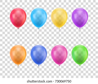 Balloons of different colors on a transparent background set. Colored balloons of realistic set on a transparent background for designers and illustrators. Gasbags template as a vector illustration