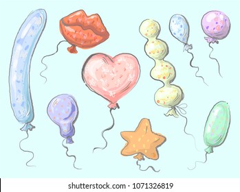 Balloons different cute set lips heart star pear round oval shapes vector illustration