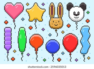 Balloons of Different Shapes and Colors in Pixel Art. Vector Illustration