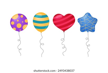 Ballons verschiedene Formen isoliert Vektorillustrationen. Verschiedene festliche aufblasbare Luftballons dekoriert flache Elemente für Geburtstag, Partys, Veranstaltungen und andere Feiern Designs. Rund, Herz, Stern.