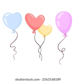 Balloons different shapes isolated vector illustrations. Various festive inflatable balloons decorated flat elements for Birthday, parties, events and other celebrations designs. Round, heart, star